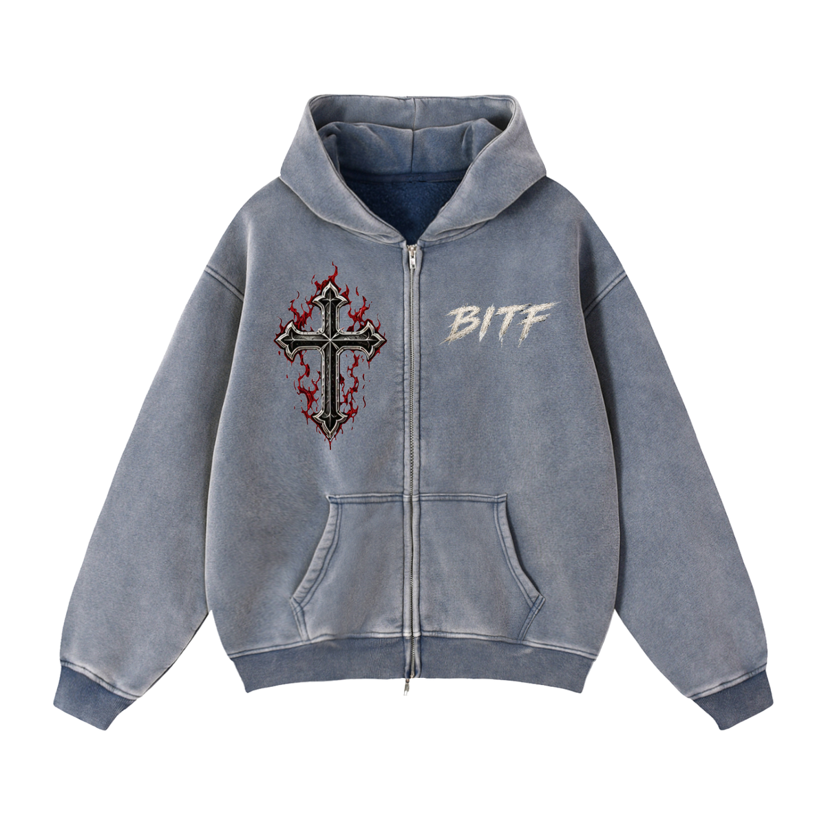 Snow Washed Zip-Through Boxy Fleece Hoodie